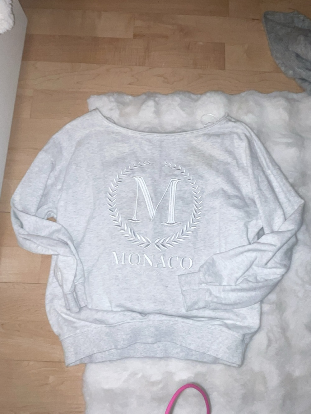 Garage Off-the-Shoulder Light Gray Sweater with Embroidered Crest
